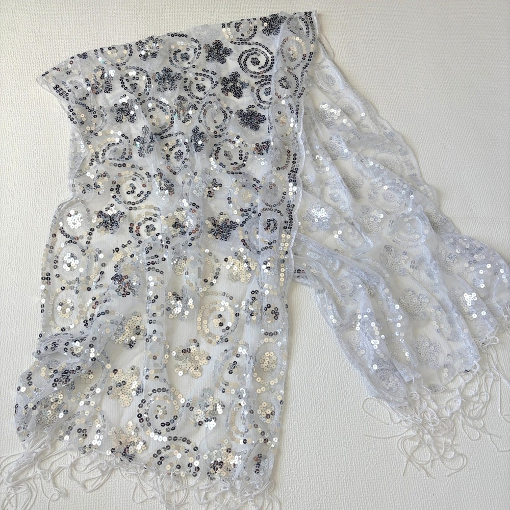 Vintage Scarf Sequin Mesh Evening Wrap OS White Silver